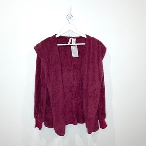 Forgotten Grace Maroon Fuzzy Oversized Cardigan with Hoodie
